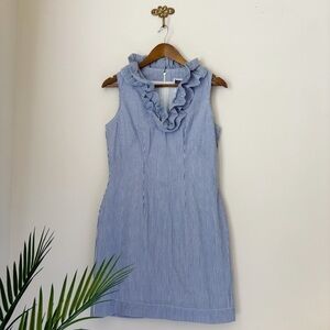 Just Madras Blue Seersucker Sleeveless Ruffle Dress Sz 4 Preppy Nautical